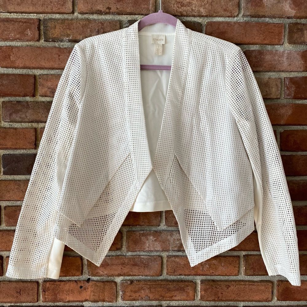 𝅺Chico's Layered See-Through Square Print Mesh Blazer White Size 1